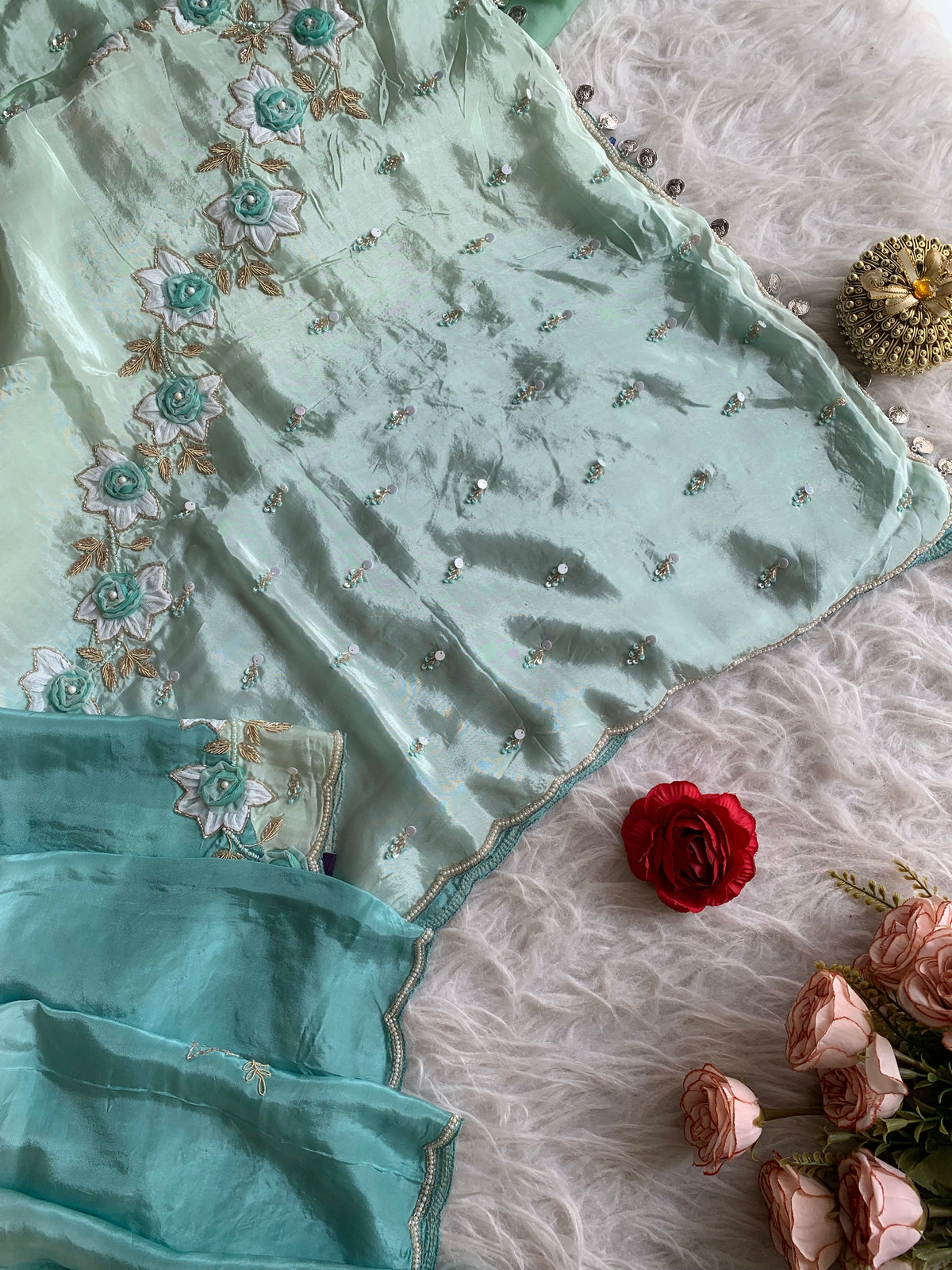 Ombre Habutai Silk Saree with Floral Appliqué, Cutdana & Zardosi Work 5901 06