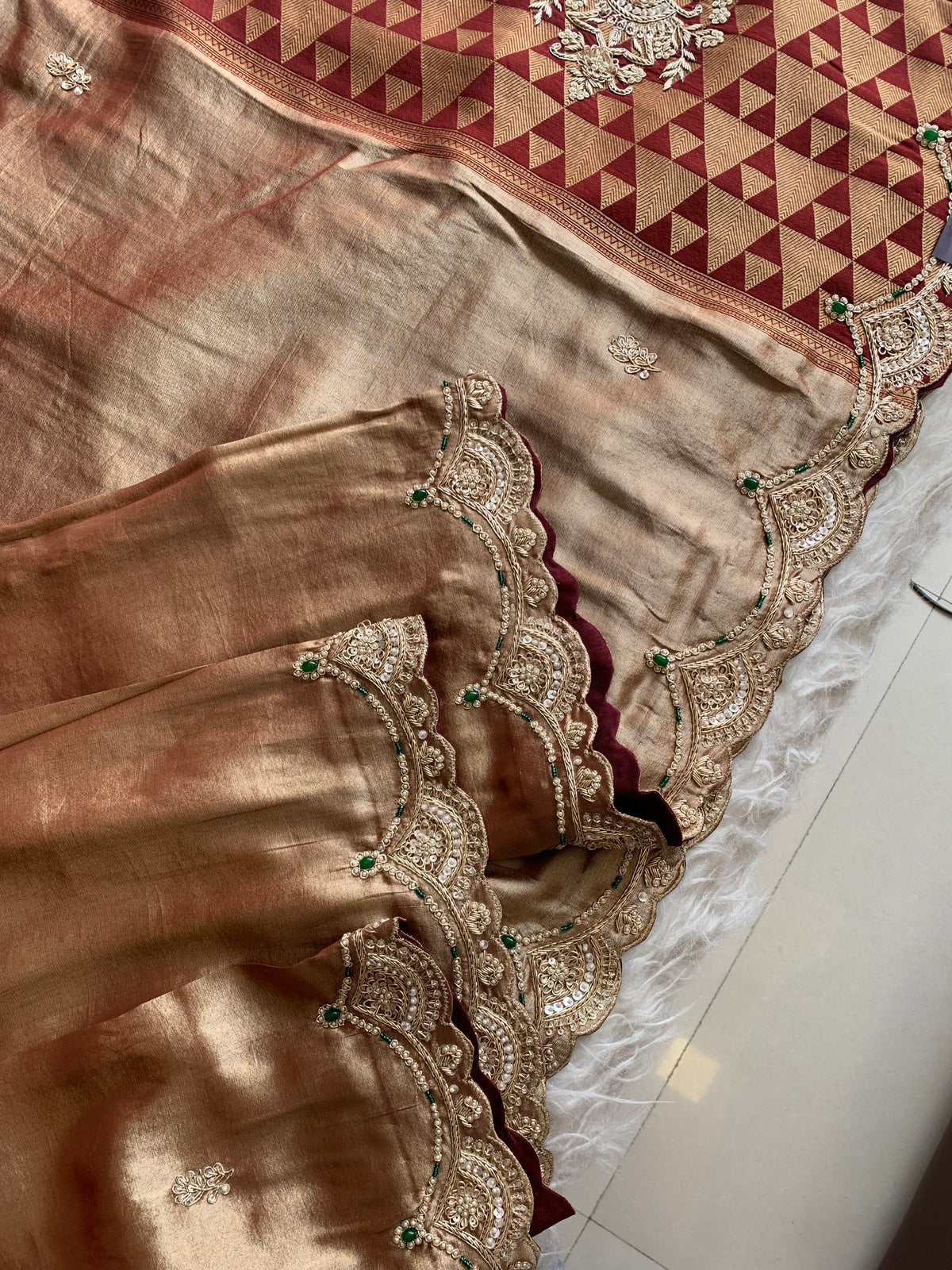 Maroon Tissue Saree with Gold Weaving & Zardosi Work 5895 09 (PRE ORDER)