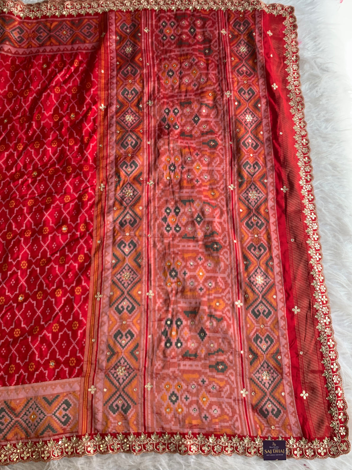 Red Patola Silk Saree with Aari, Gota, Mirror & Cutdana Work 5939 01