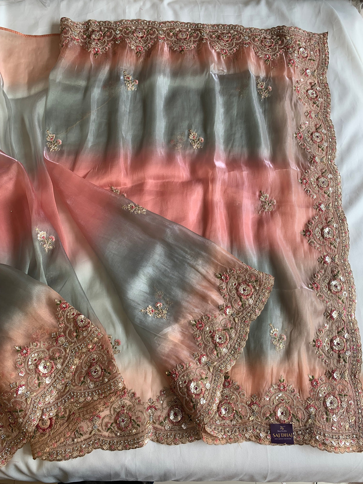 Shaded Organza Saree with Dori, Aari & Stone Work 5923 06