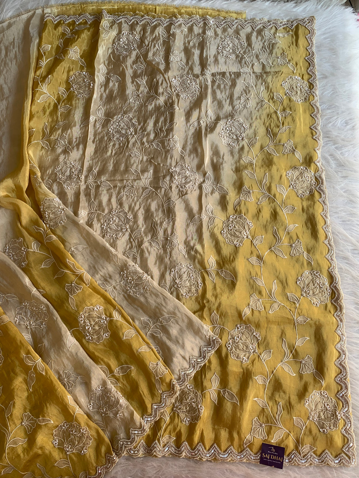 Ivory & Yellow Tissue Saree with Appliqué Work, Pearl & Sequin Scallop Border 5895 05
