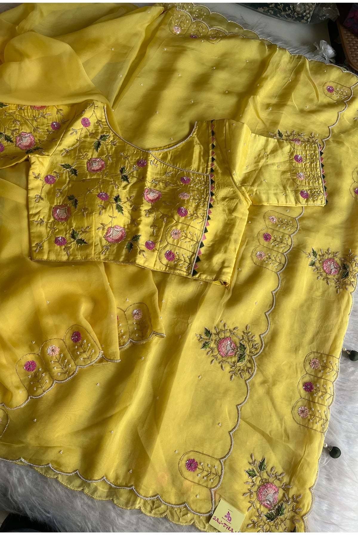 Lemon Organza Saree with Cutdana & Zardosi Work- Pre Stitched Designer Blouse 5359 15