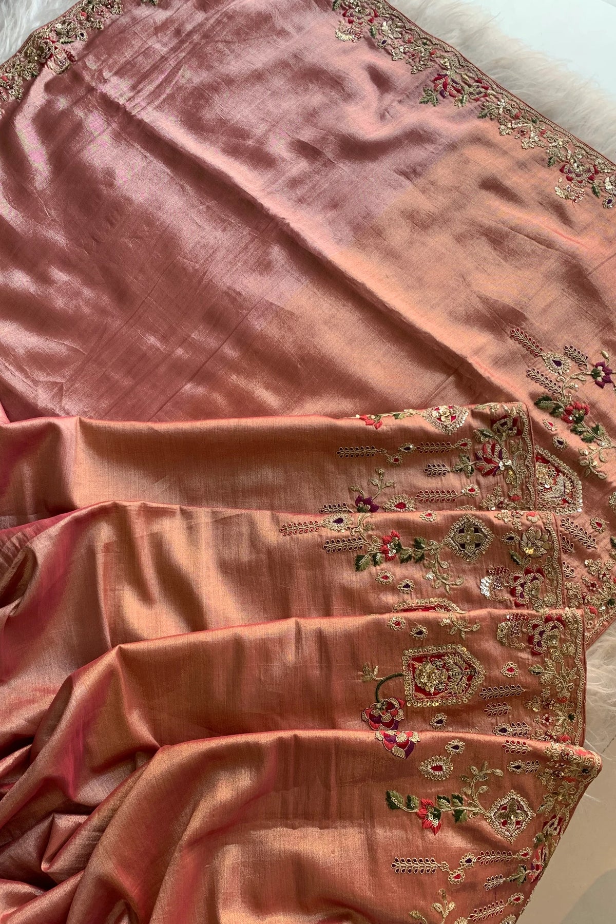 Peach Applique Embellished Tissue Saree 5729 01