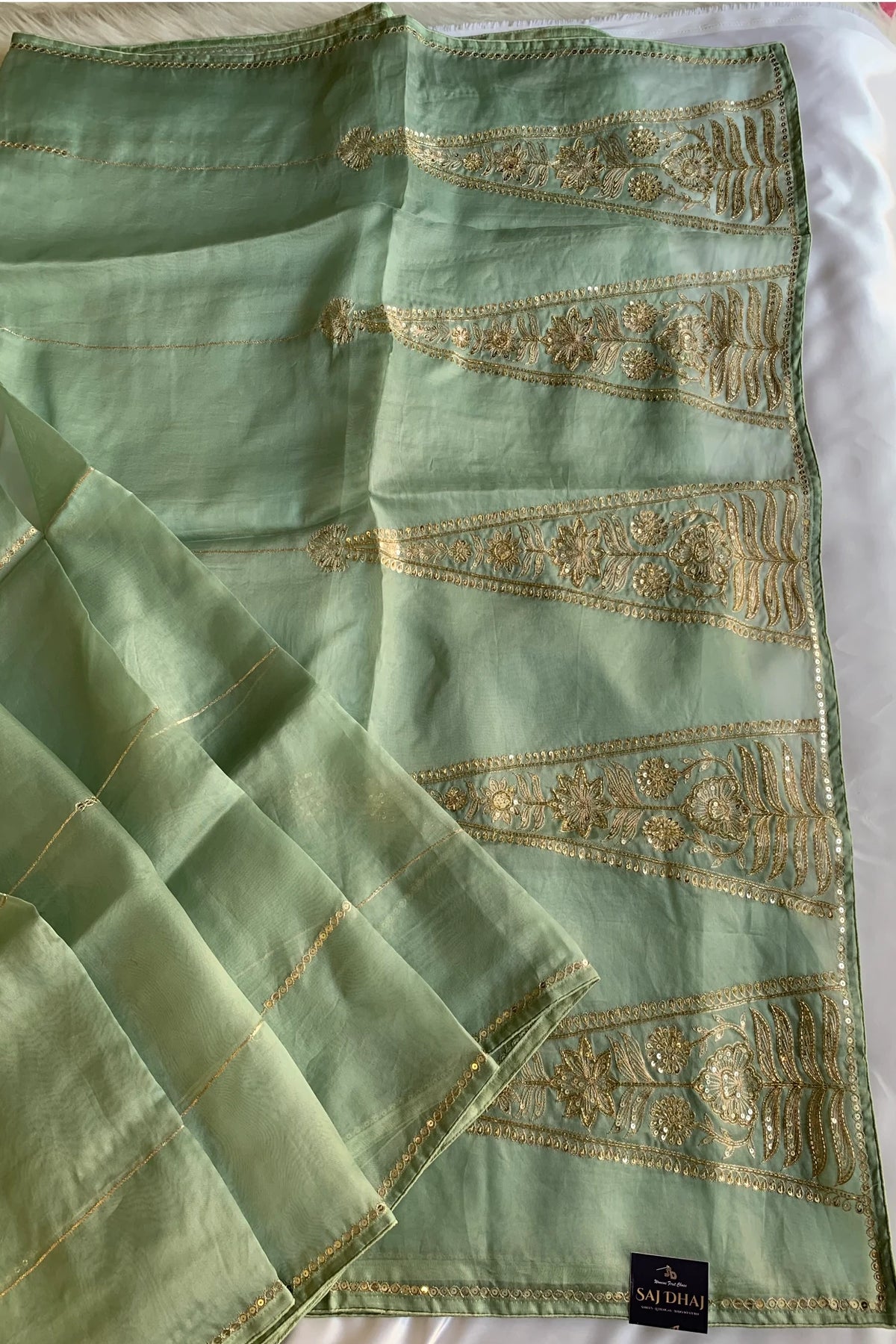 Pista Green Aari Organza Saree 5853 07