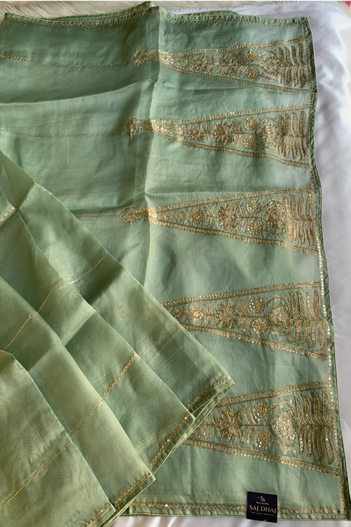 Pista Green Aari Organza Saree 5853 07