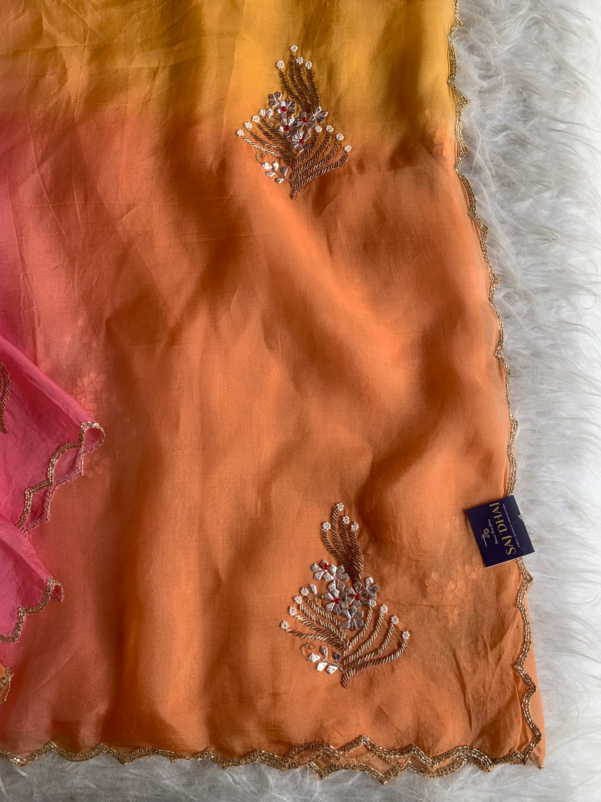 Orange, Peach & Pink Shaded Kora Silk Saree with Pearl & Sequin Work 5919 06