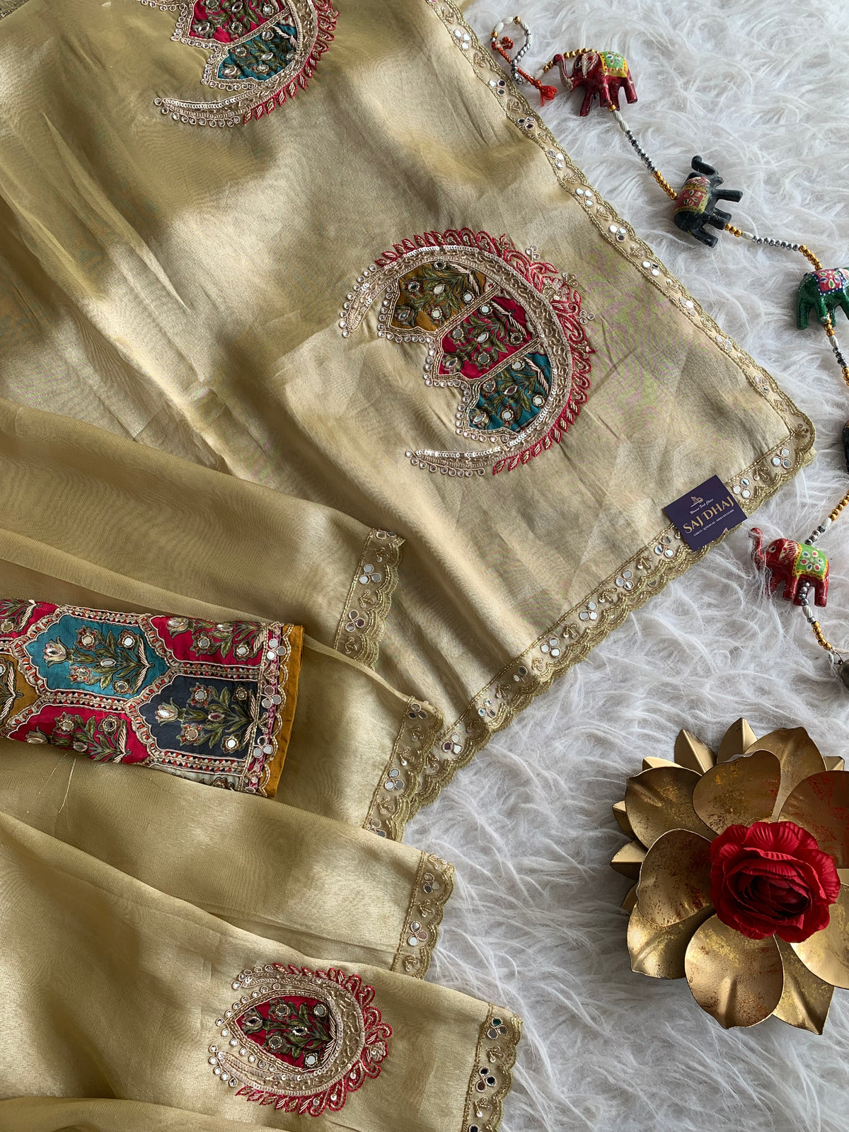Gold Tissue Saree with Zardosi, Mirror, Appliqué & Cutdana Work 5927 01