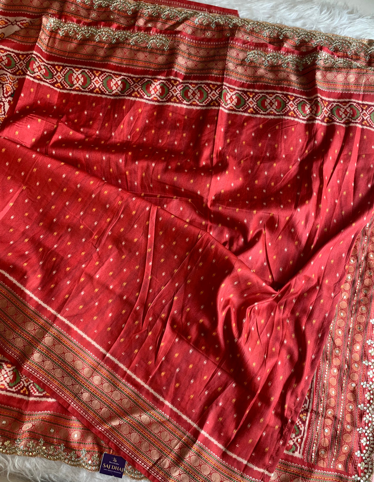 Red Patola Silk Saree with Animal Motifs & Mirror Work 5932 01