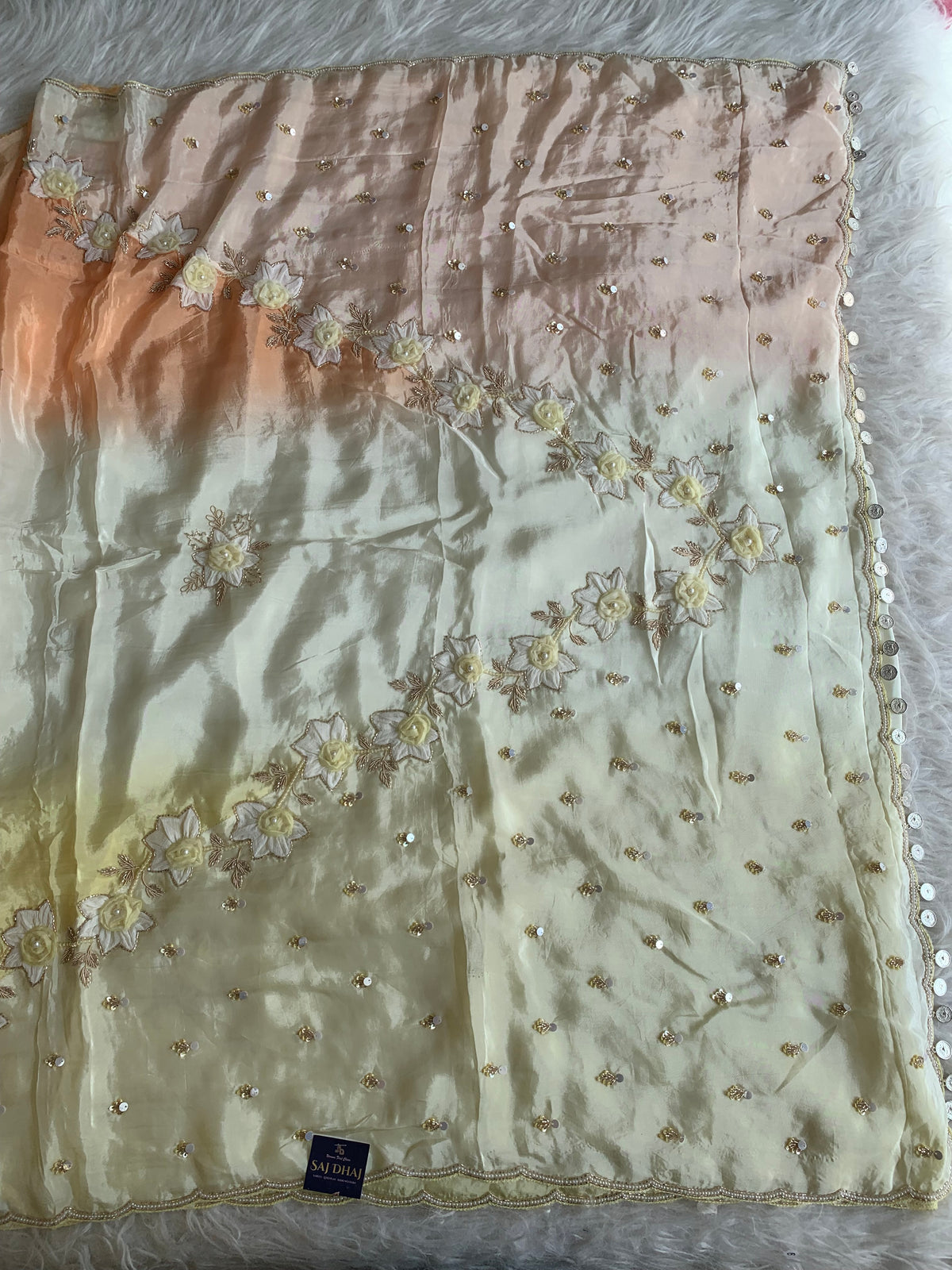 Ombre Habutai Silk Saree with Floral Appliqué, Cutdana & Zardosi Work 5901 06