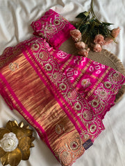 Pink Bandhej Gaji Silk Saree with Gharchola & Zardozi Work (PRE ORDER)