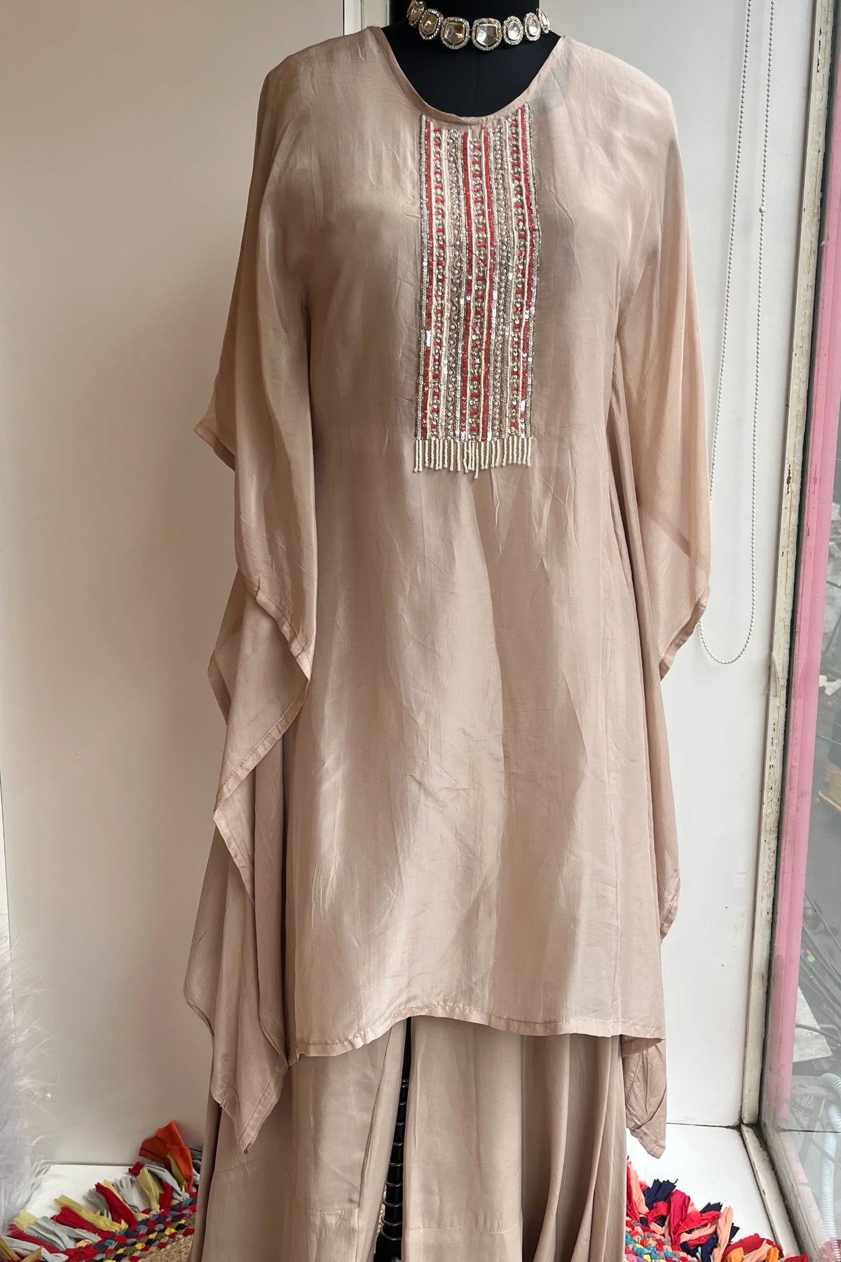 Light Brown Habutai Silk Kaftan Set with Zardosi & Pearl Detailing 5147 11