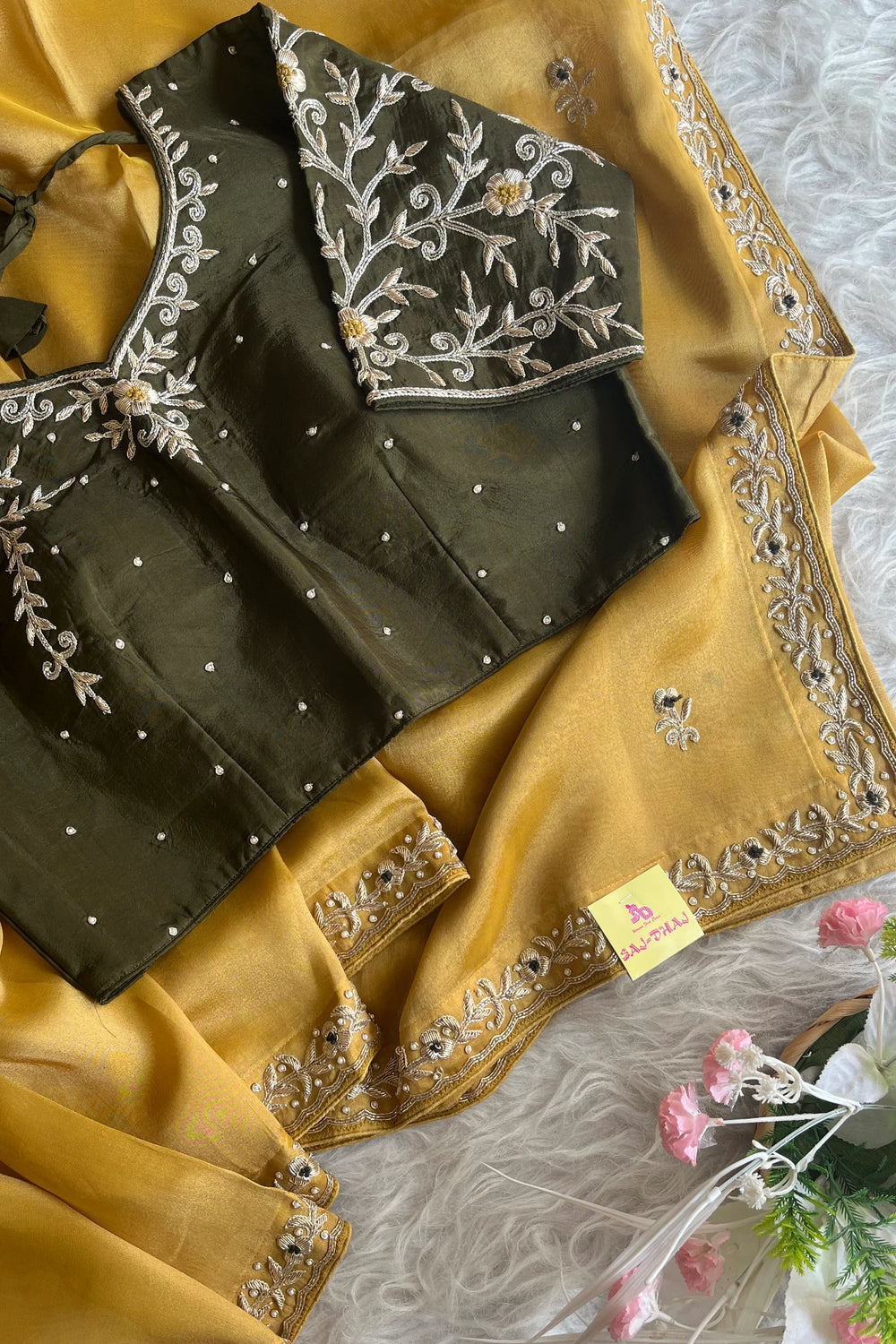 Dull Mustard Yellow Tissue Saree with Zardosi Border & Green Blouse 5525 09