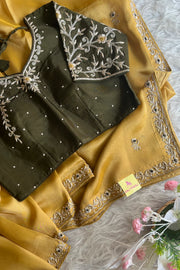 Dull Mustard Yellow Tissue Saree with Zardosi Border & Green Blouse 5525 09