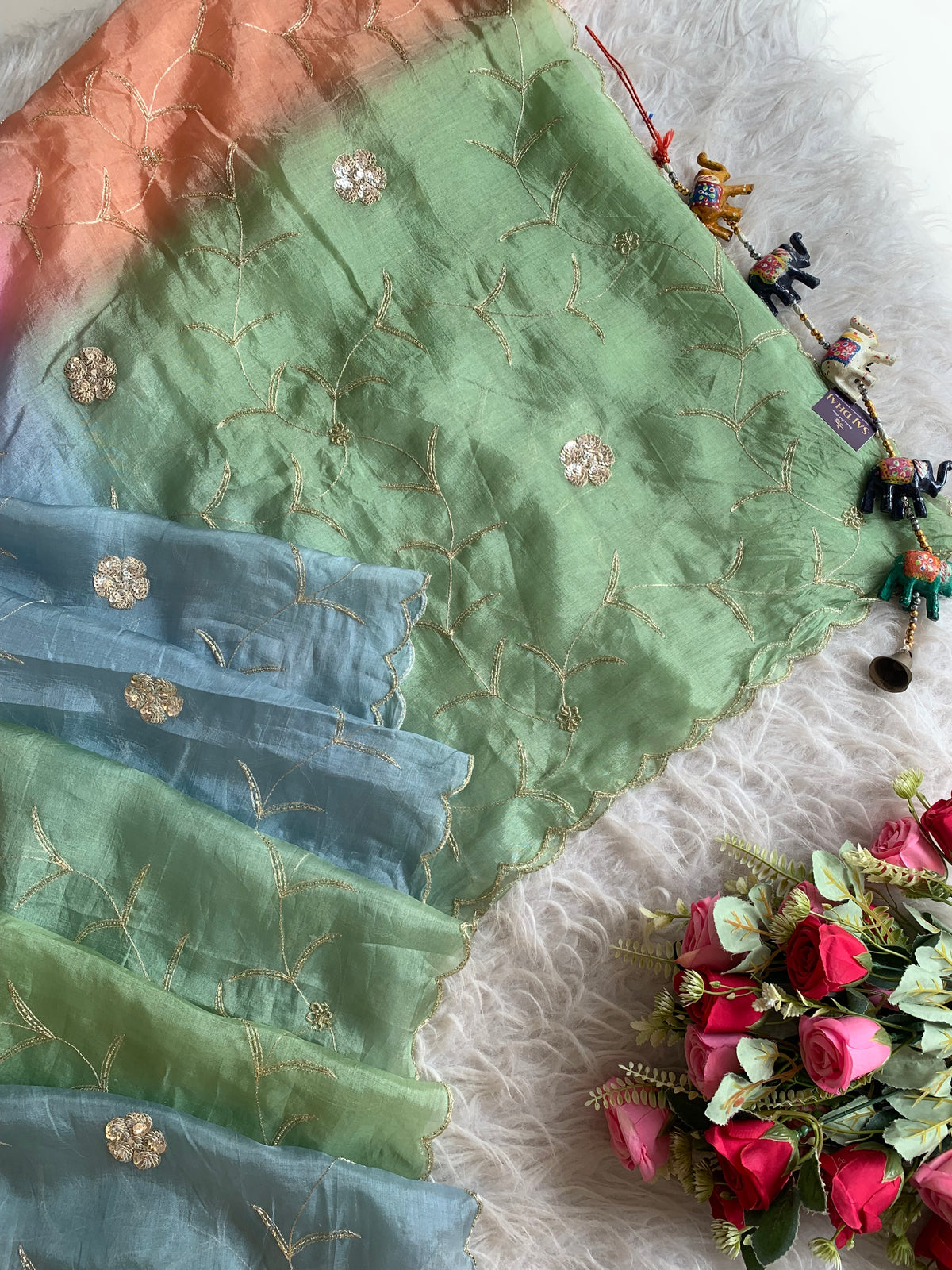 Multicolor Kora Silk Saree with Sequin, Aari & Cutdana 5919 01