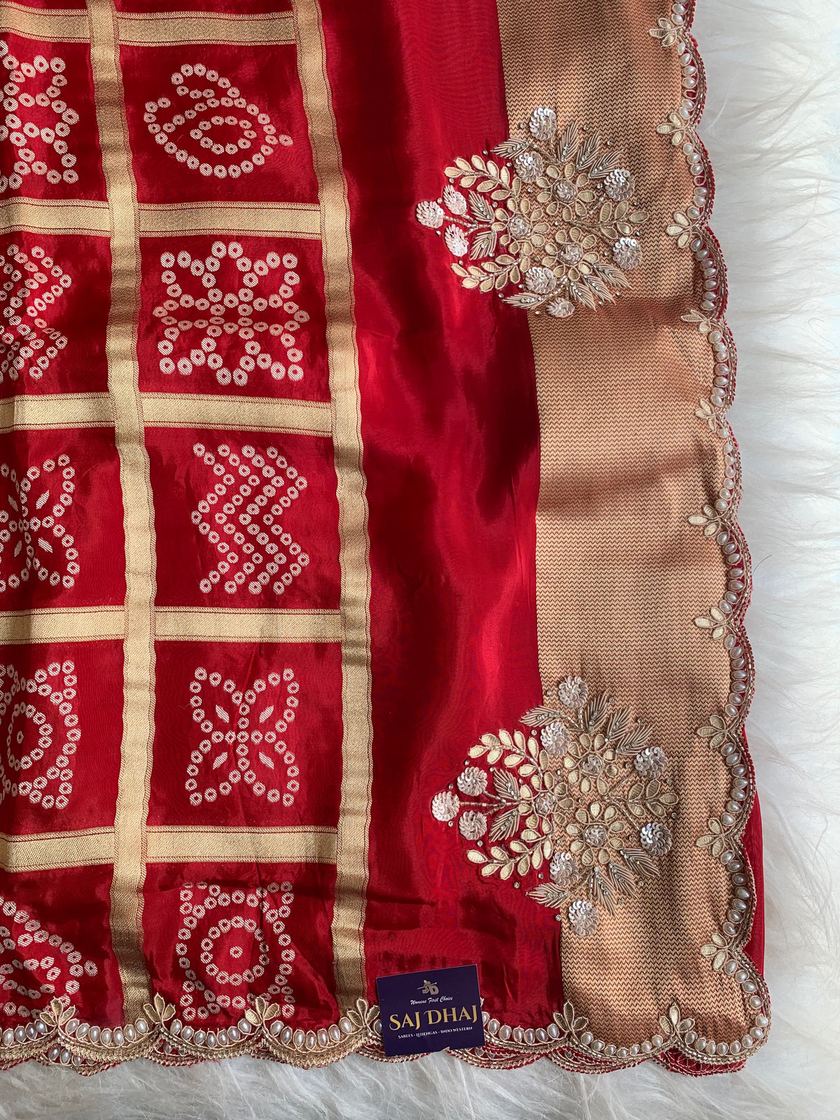 Red Habutai Silk Saree with Gharchola Pallu & Gota Zardozi Work 5901 37