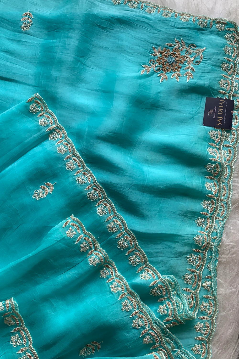 Ice Blue Habutai Silk Saree 5798 06