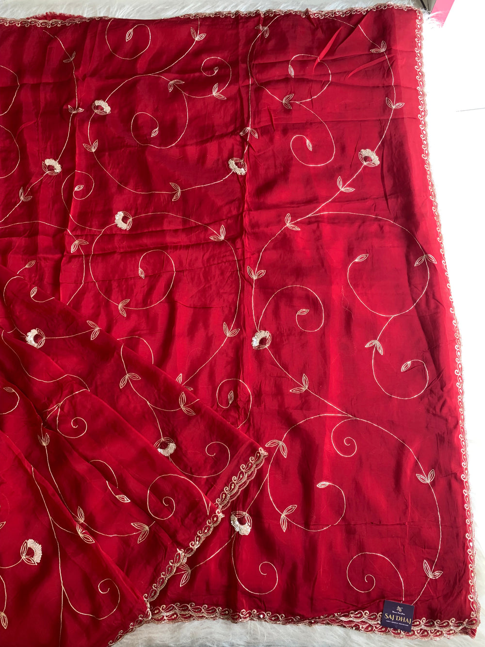 Blood Red Habutai Silk Saree with All-Over Jaal Embroidery 5902 01