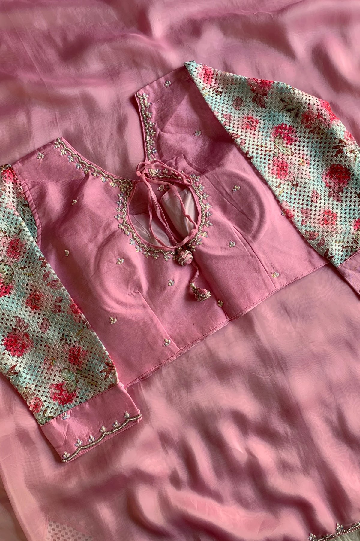 Baby Pink Crochet Designed Habutai Silk Saree 5367 01