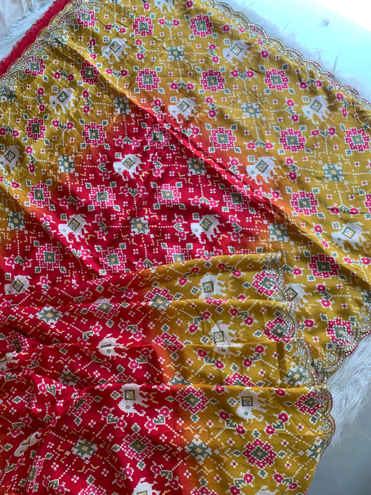 Red & Yellow Patola Modal Silk Saree with Elephant Motifs 5891 04