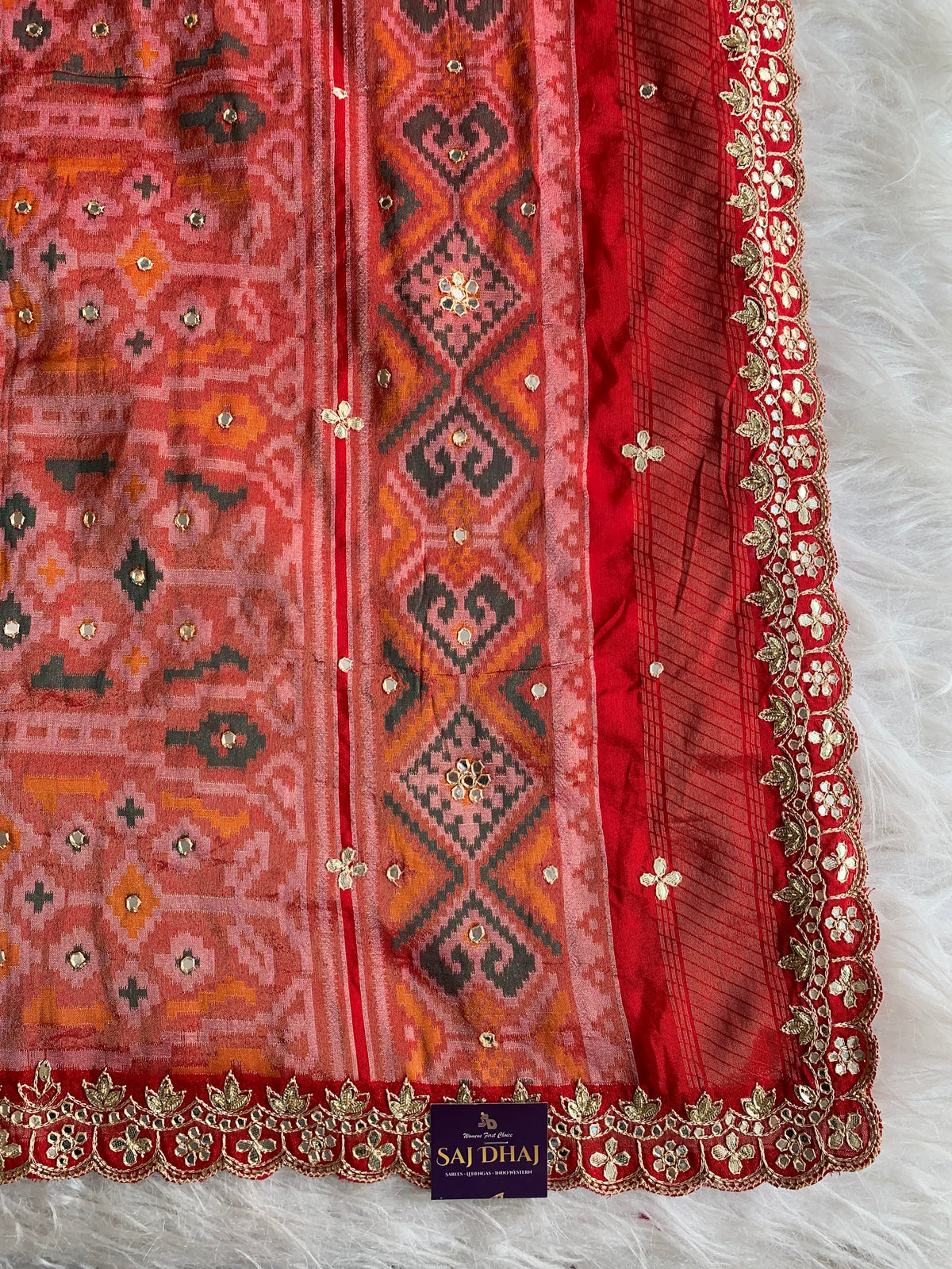Red Patola Silk Saree with Aari, Gota, Mirror & Cutdana Work 5939 01
