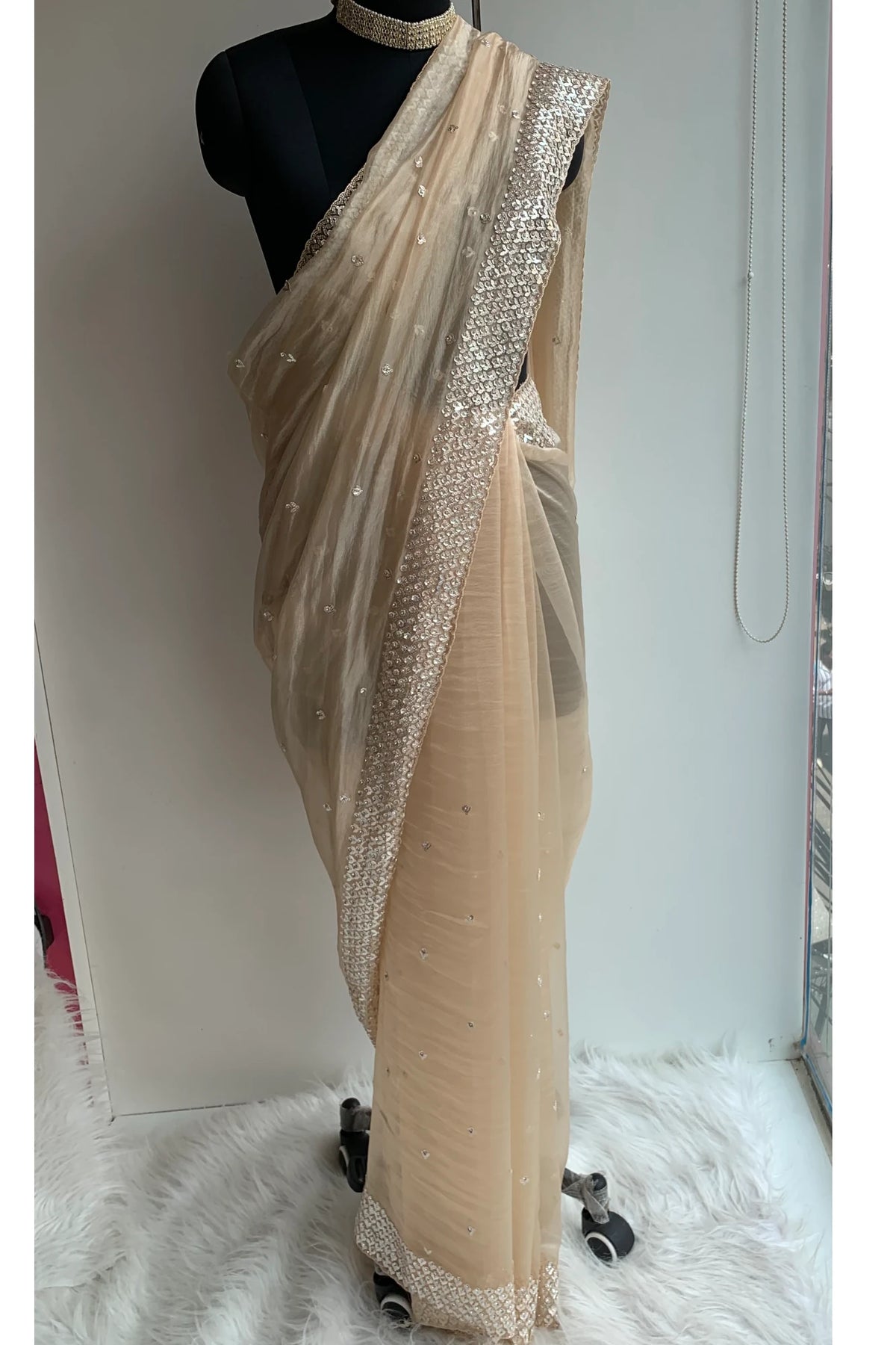 Champagne Gold Embellished Butter Organza Saree 5847 01