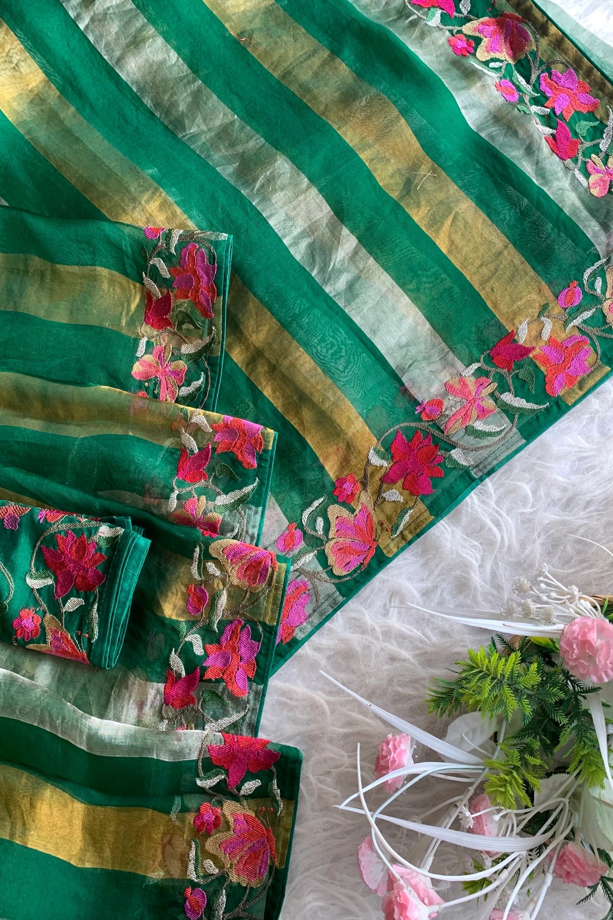 Bottle Green Pure Organza Saree 5844 14