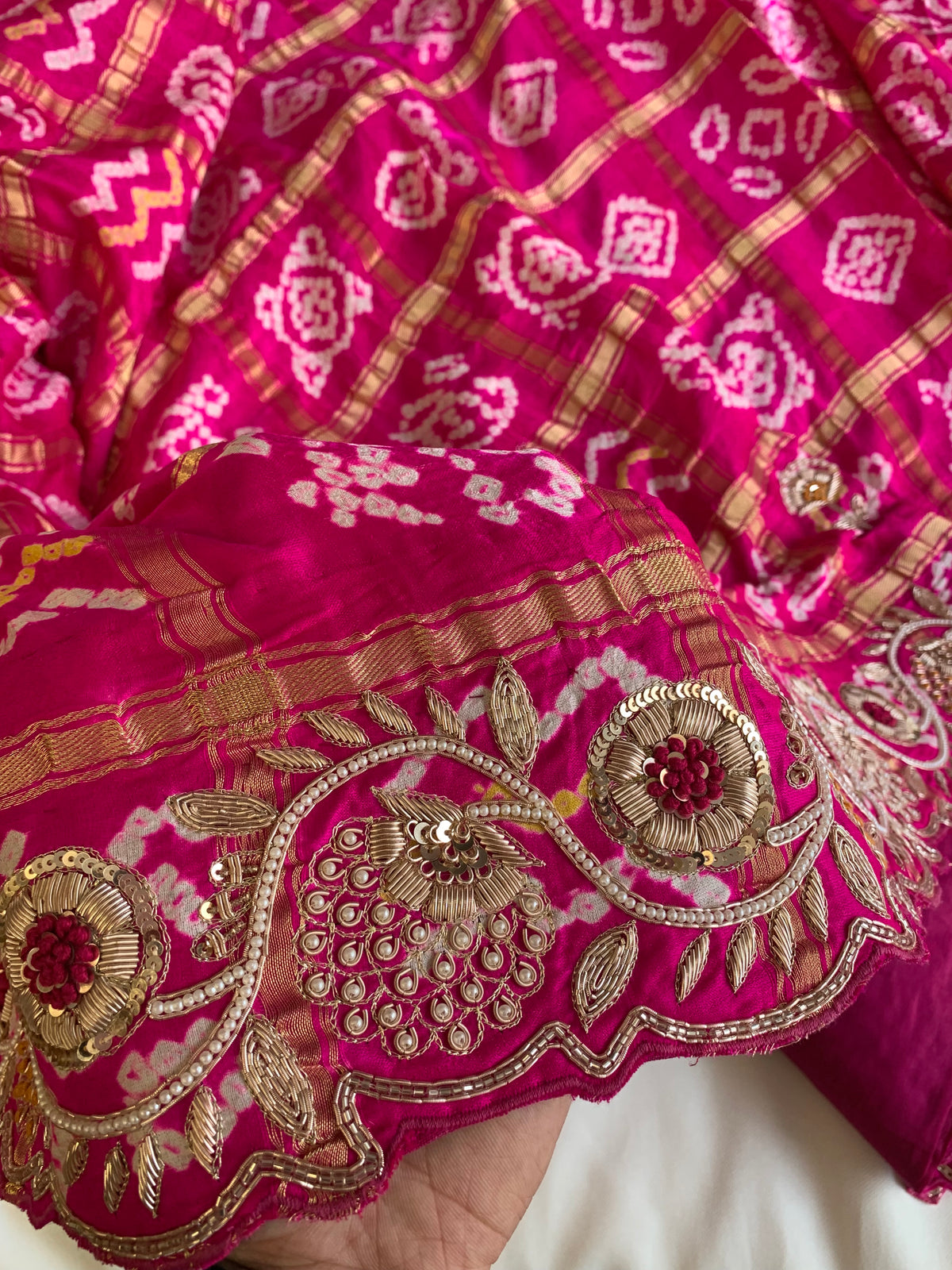 Pink Bandhej Gaji Silk Saree with Gharchola & Zardozi Work (PRE ORDER)
