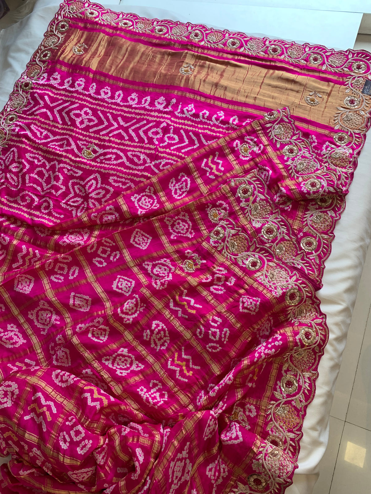 Pink Bandhej Gaji Silk Saree with Gharchola & Zardozi Work (PRE ORDER)