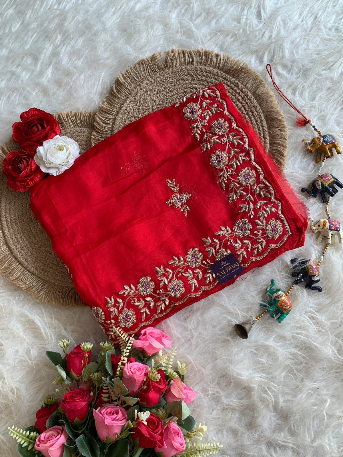 Red Habutai Silk Saree 5905 03