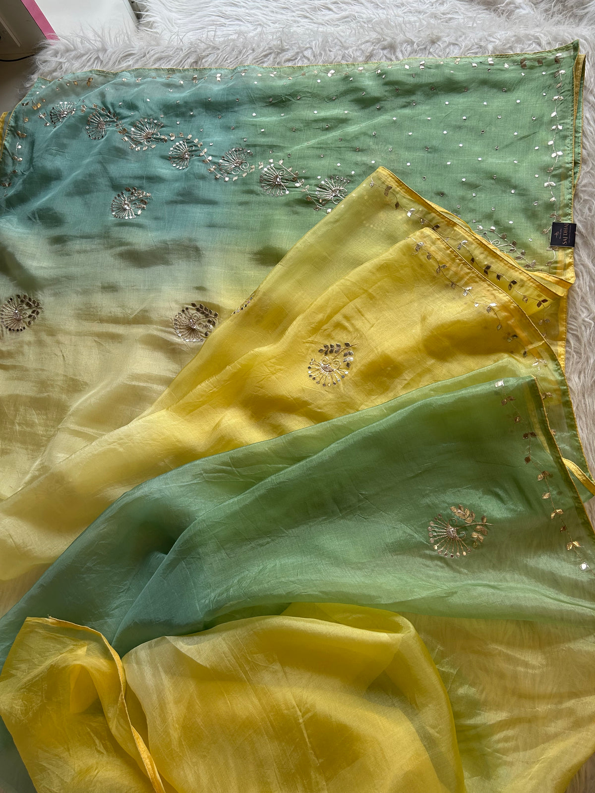 Yellow & Green Shade Kora Silk Saree 5919 10