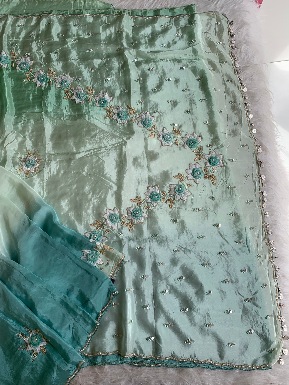 Ombre Habutai Silk Saree with Floral Appliqué, Cutdana & Zardosi Work 5901 06