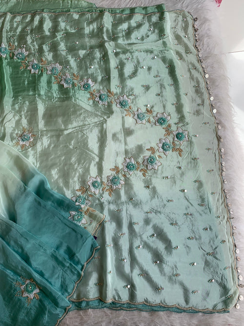 Ombre Habutai Silk Saree with Floral Appliqué, Cutdana & Zardosi Work 5901 06