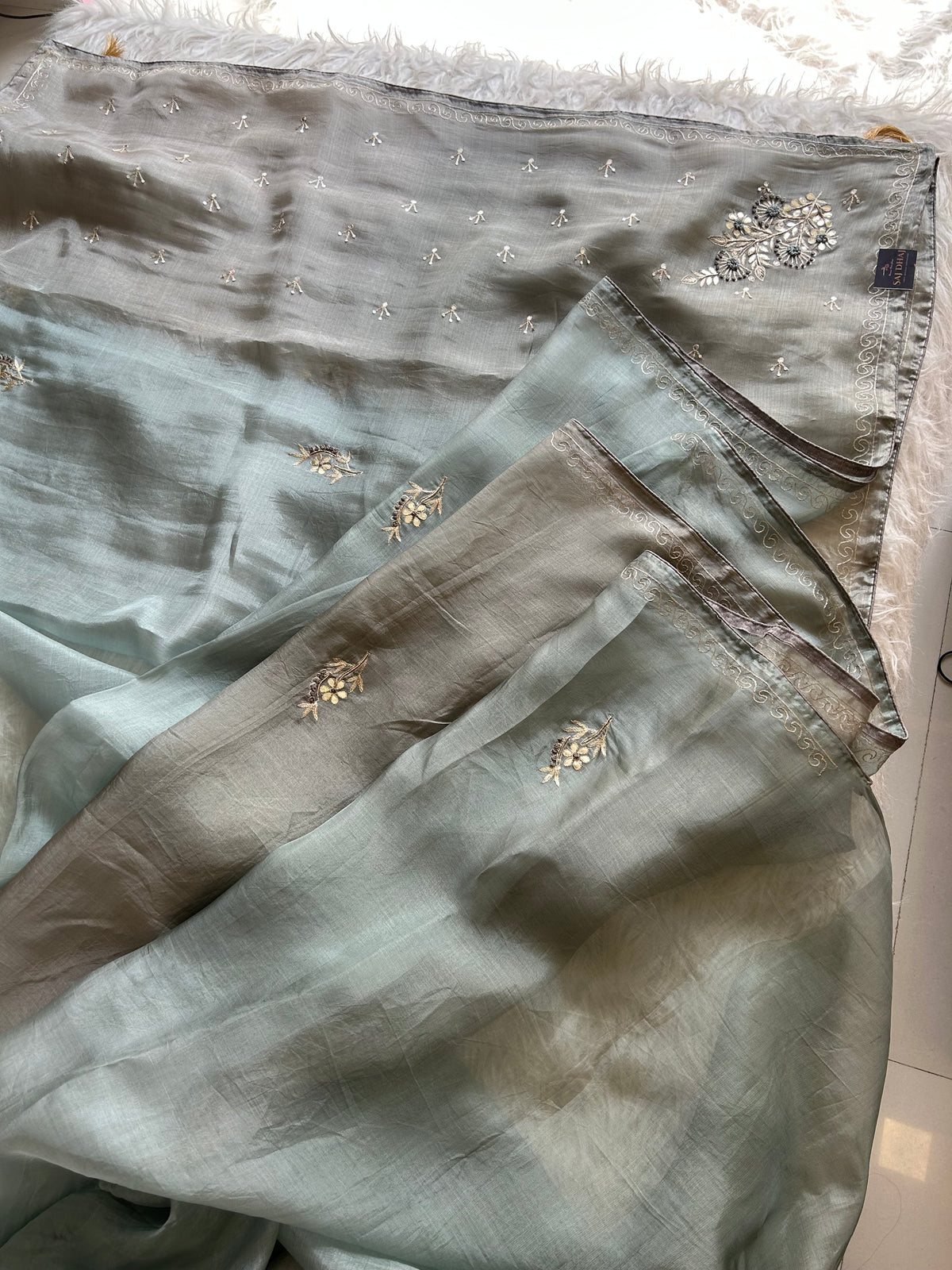 Blue & Grey Shaded Kora Silk Saree 5919 09