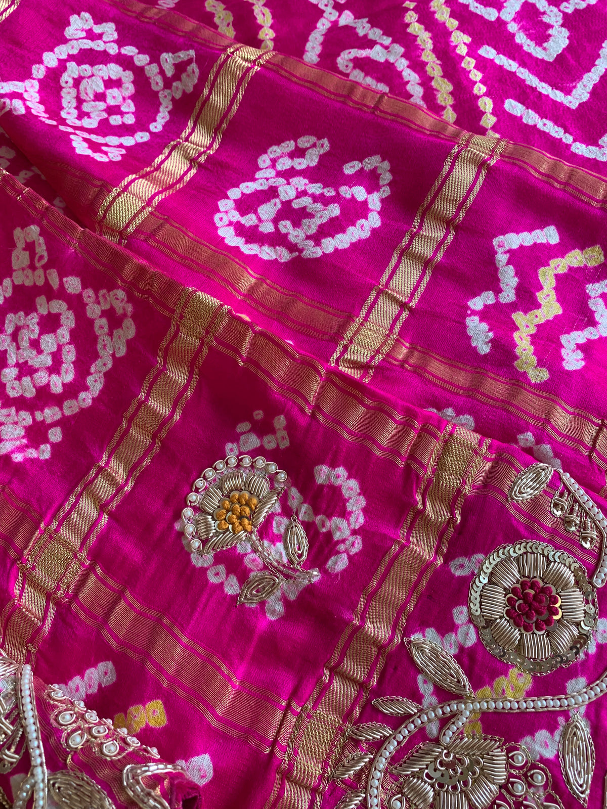 Pink Bandhej Gaji Silk Saree with Gharchola & Zardozi Work (PRE ORDER)