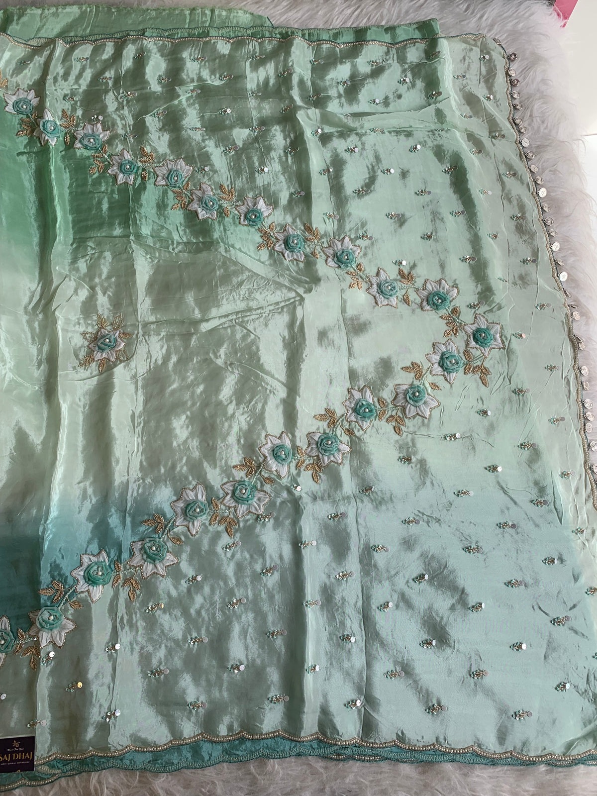 Ombre Habutai Silk Saree with Floral Appliqué, Cutdana & Zardosi Work 5901 06
