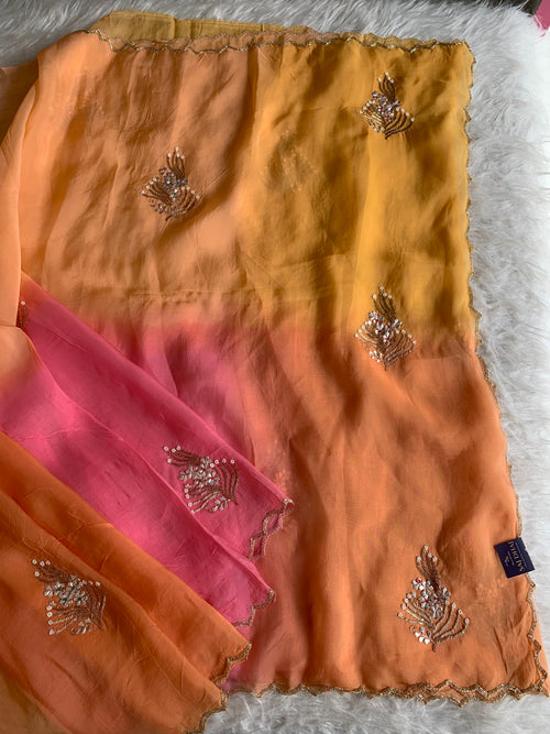 Orange, Peach & Pink Shaded Kora Silk Saree with Pearl & Sequin Work 5919 06