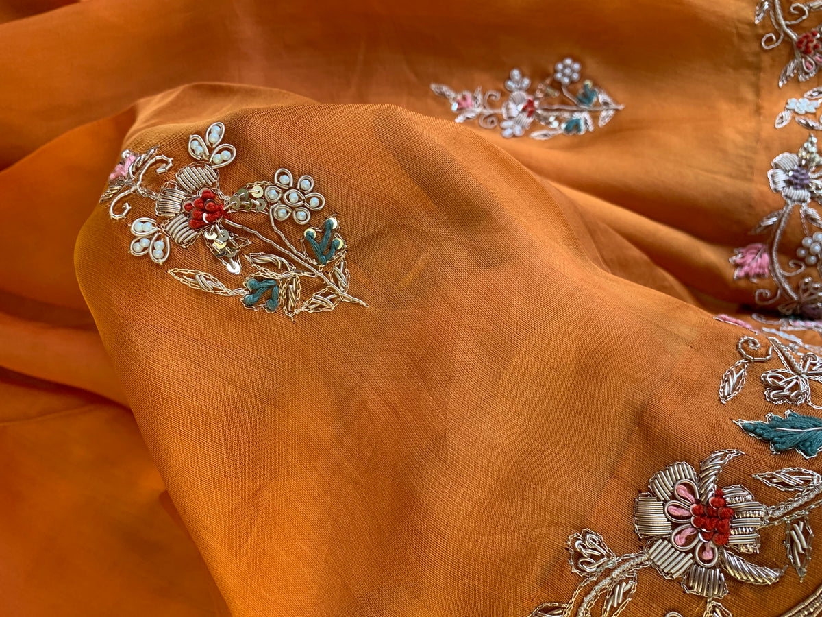 Orange Organza Saree with Zardosi, Aari, Beads & Sequin 5895 22