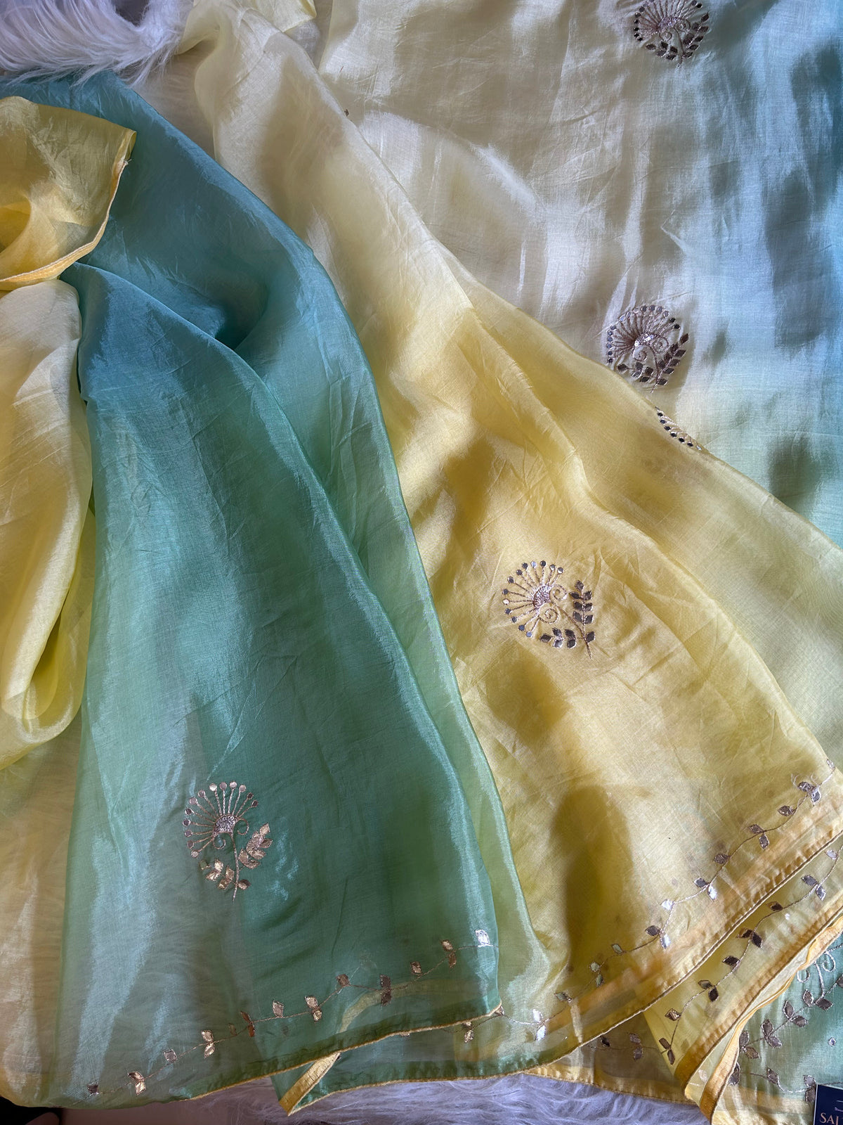 Yellow & Green Shade Kora Silk Saree 5919 10