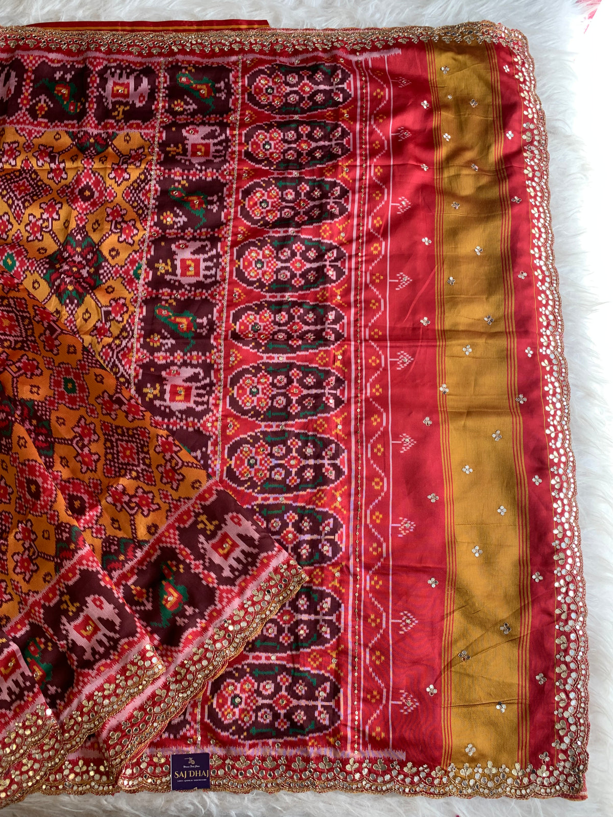 Red & Brown Patola Silk Saree with Animal Motifs  5932 02