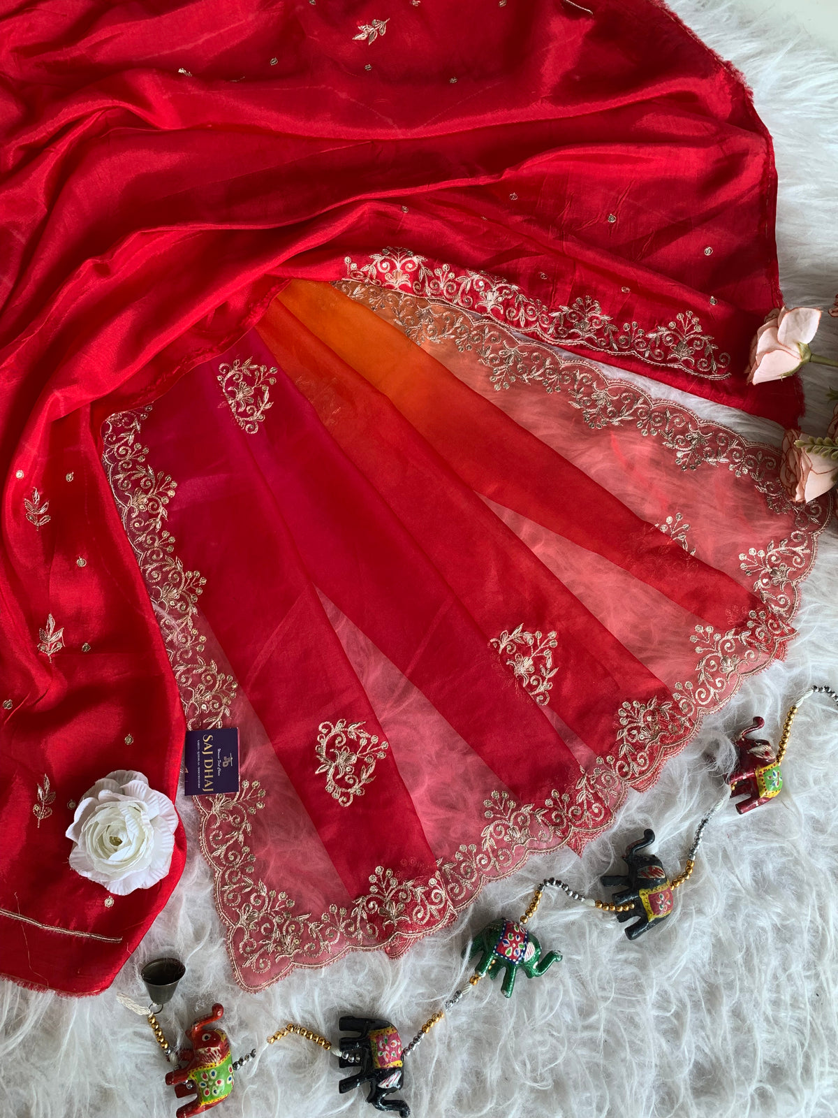 Red, Orange & Pink Shaded Organza Saree with Aari & Zardosi Work 5902 12