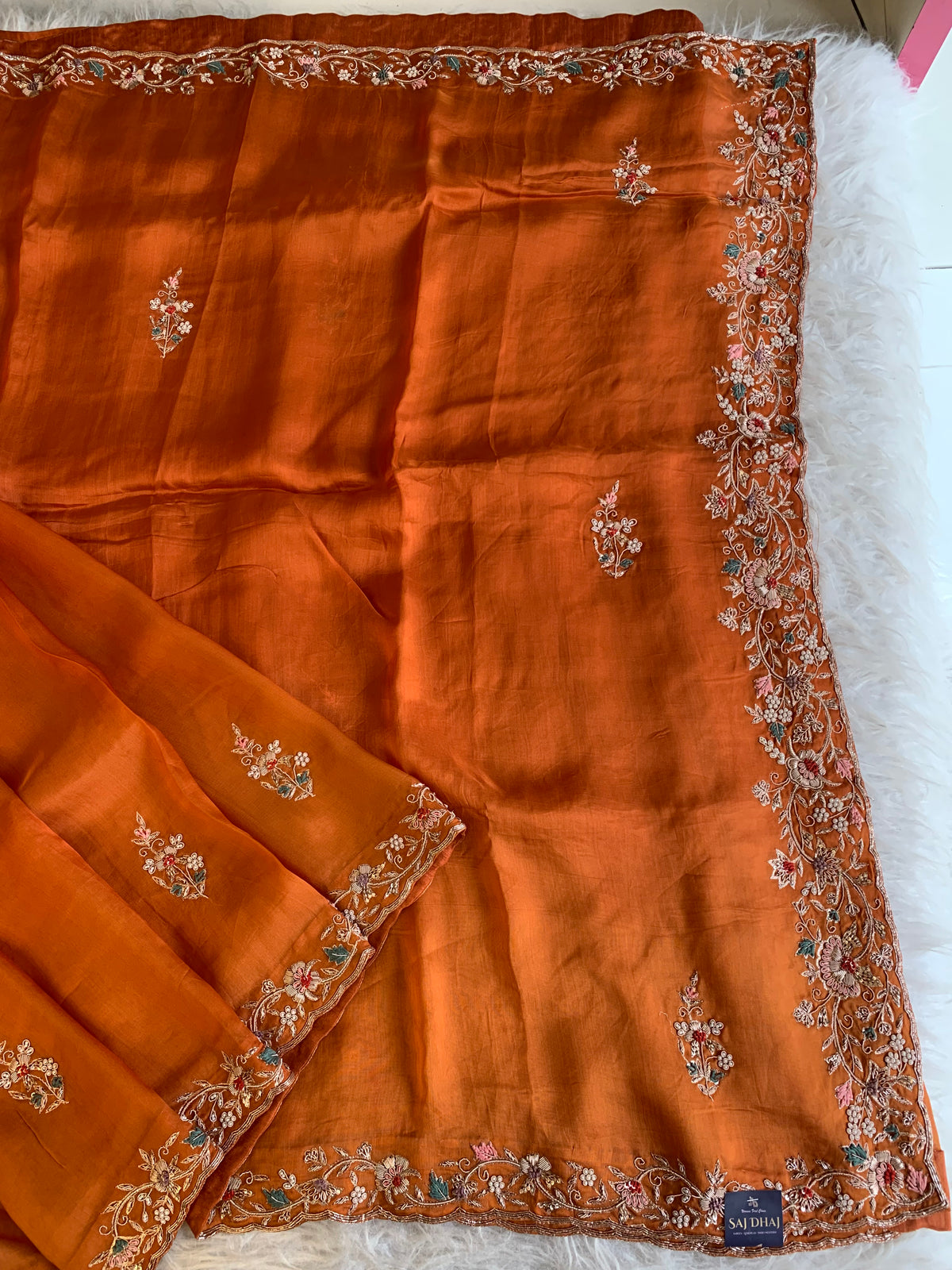 Orange Organza Saree with Zardosi, Aari, Beads & Sequin 5895 22