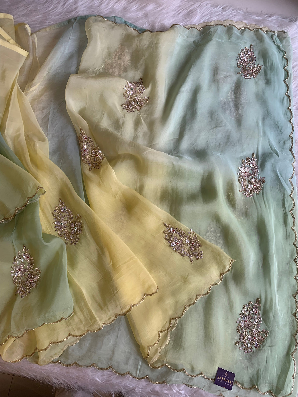 Yellow & Green Kora Silk Saree with Zardosi & Sequin Work 5919 07