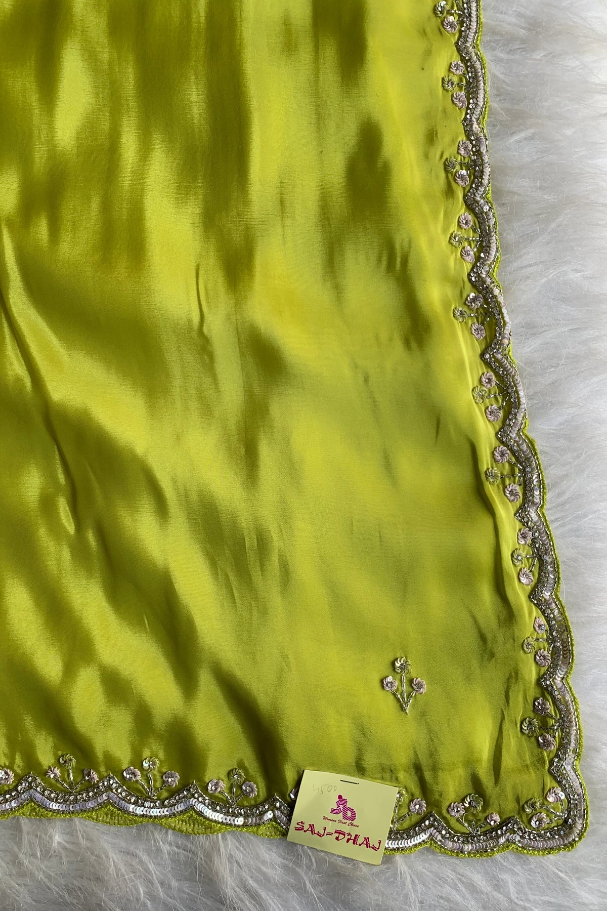 Parrot Green Embellished Habutai Silk Saree 5087 08