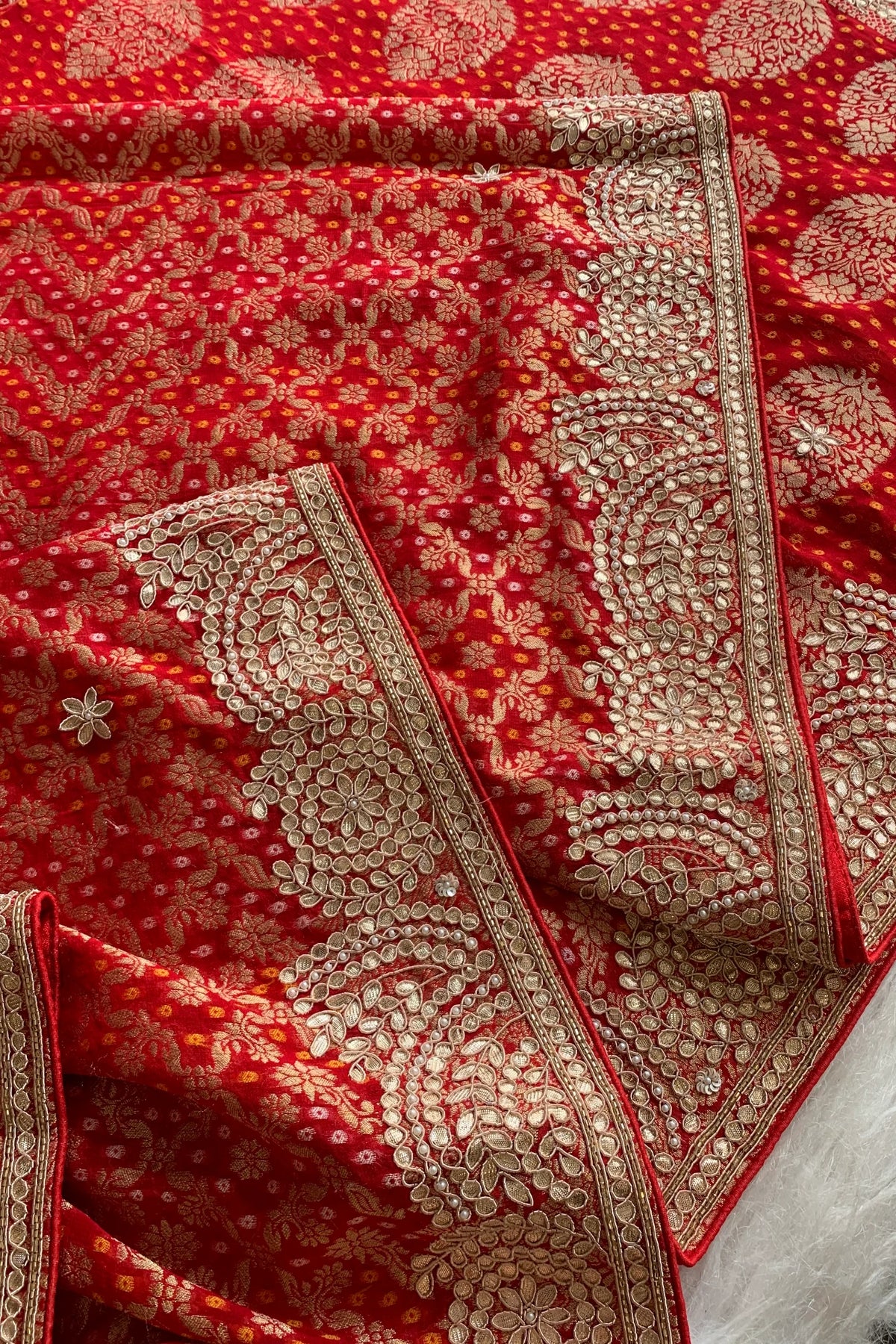 Red Banarasi Bandhej Gota Saree 5544 16
