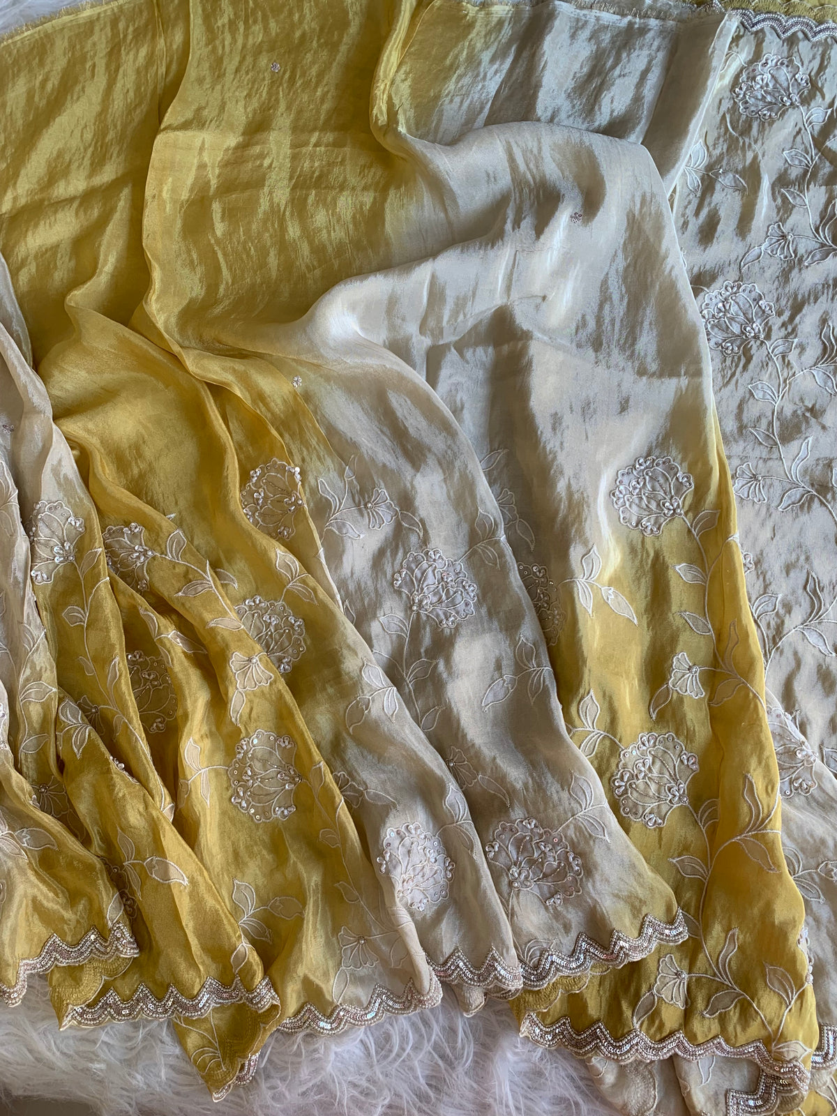 Ivory & Yellow Tissue Saree with Appliqué Work, Pearl & Sequin Scallop Border 5895 05