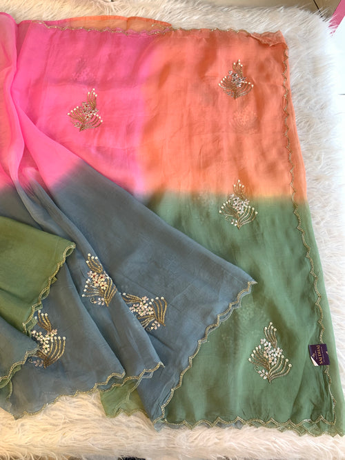 Multicolor Kora Silk Saree with Pearl & Sequin Work 5919 06