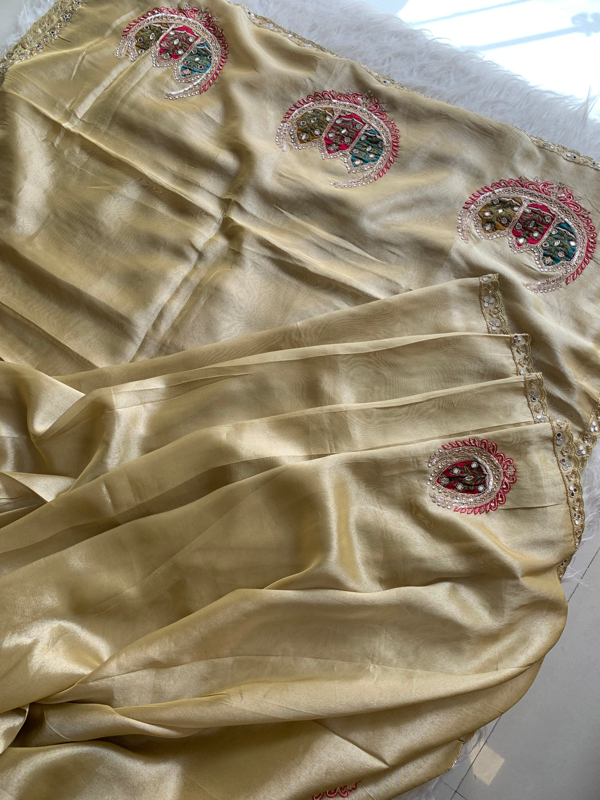 Gold Tissue Saree with Zardosi, Mirror, Appliqué & Cutdana Work 5927 01
