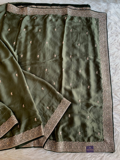 Dark Green Crepe Saree with Aari Zari 5915 09