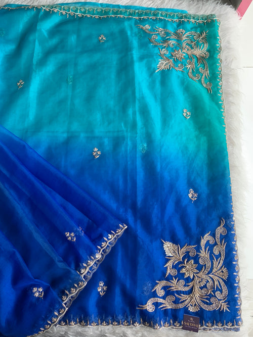 Blue Shaded Organza Saree with Aari, Zardosi, Pearl & Cutdana 5904 07