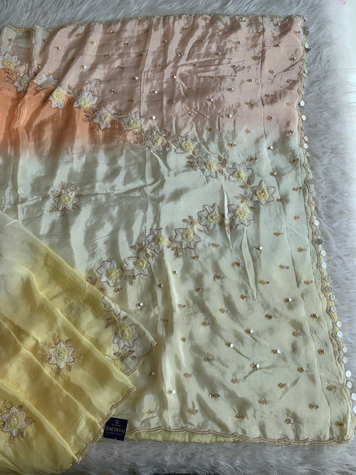 Ombre Habutai Silk Saree with Floral Appliqué, Cutdana & Zardosi Work 5901 06
